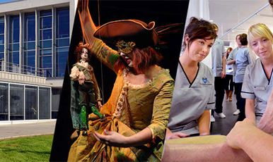 Collage of 6Ͽ, a puppeteer on stage and two nursing students